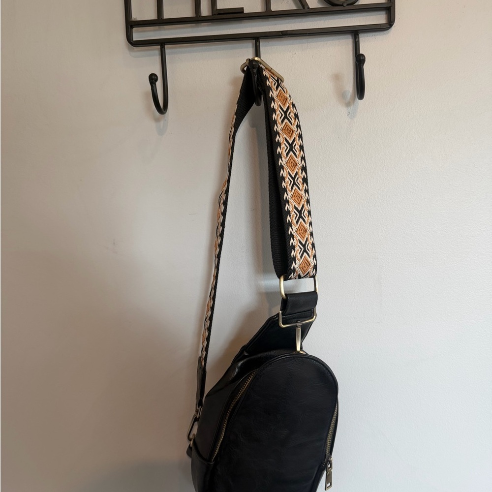 Black Crossbody Sling Bag with Patterned Adjustable Strap